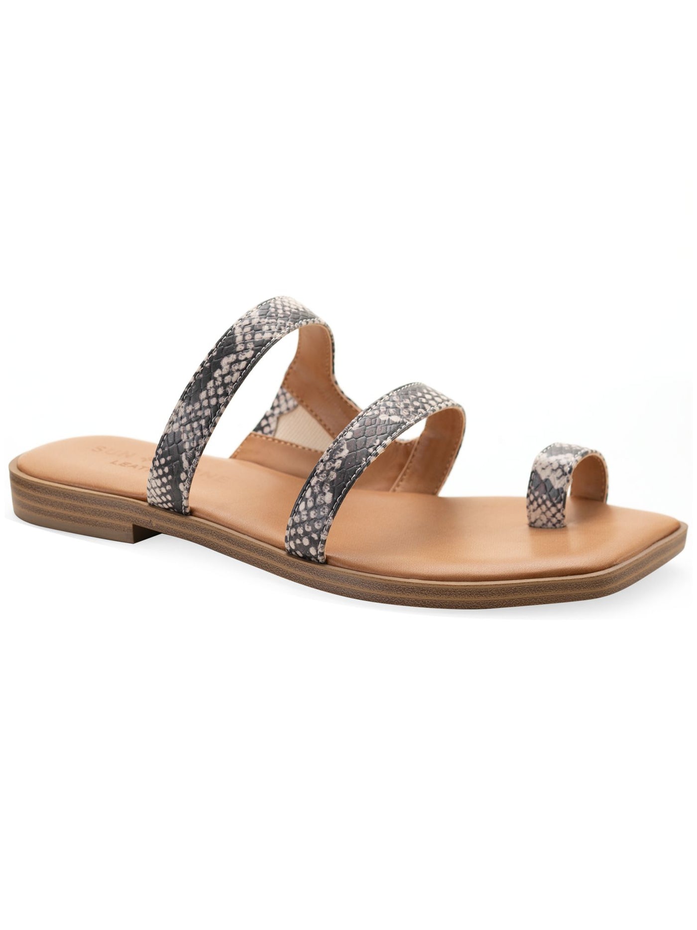 SUN STONE Womens Beige Snake Toe Loop Goring Padded Strappy Sandyl Square Toe Slip On Leather Thong Sandals Shoes 7 M