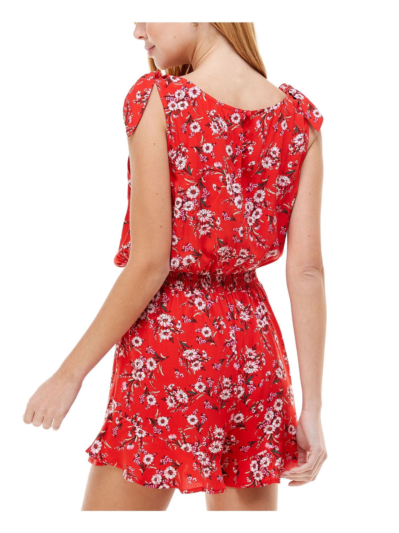 KINGSTON GREY Womens Red Ruffled Tie Shoulder Floral Sleeveless V Neck Romper XS