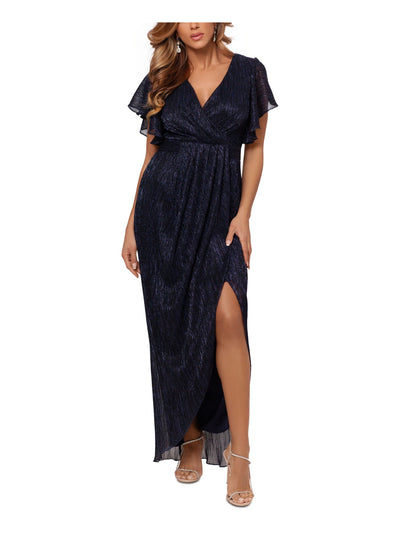 BETSY & ADAM Womens Navy Pleated Zippered High Slit Tulip-skirt Lined Flutter Sleeve V Neck Full-Length Formal Faux Wrap Dress 8