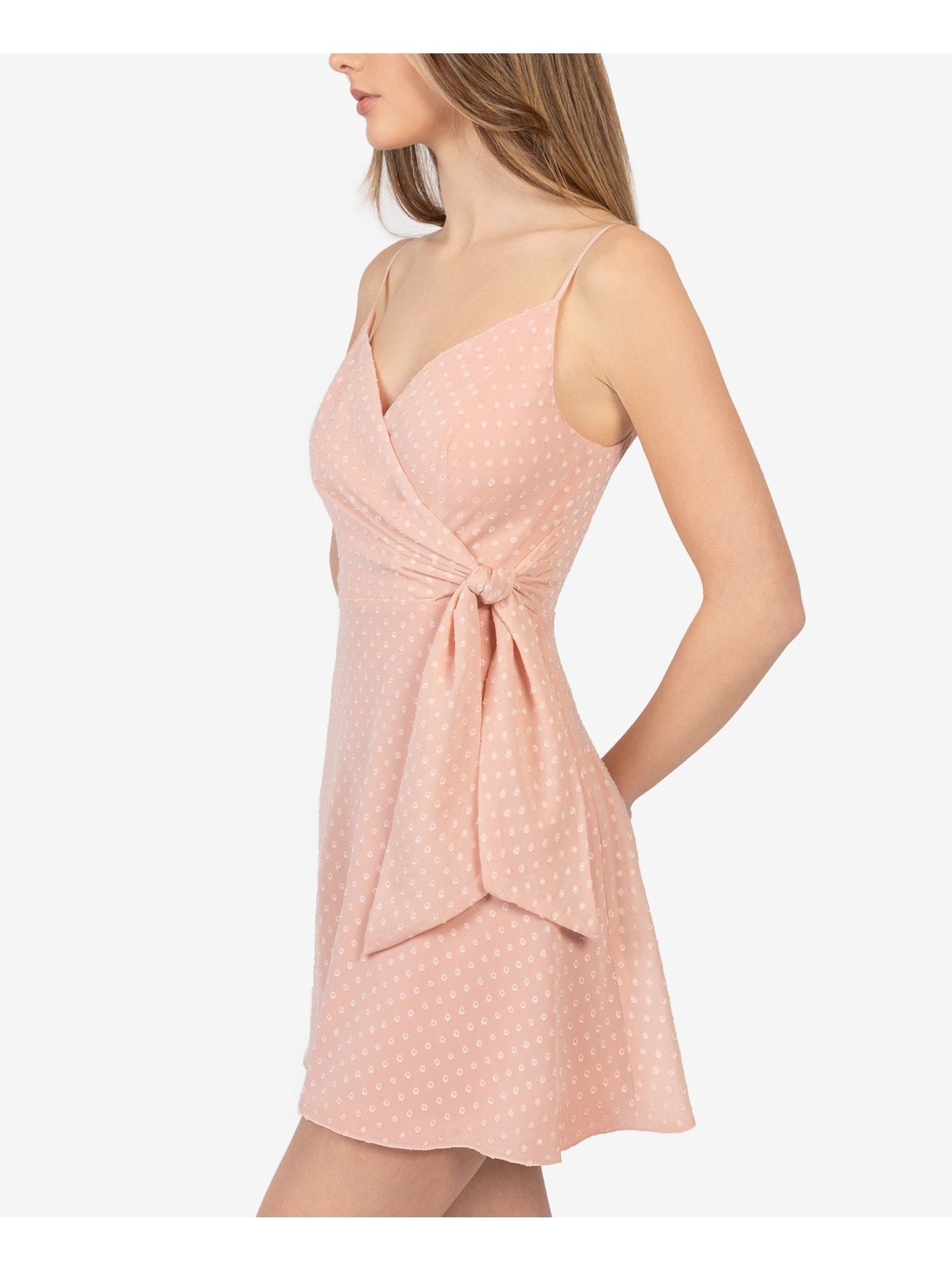 B DARLIN Womens Pink Polka Dot Spaghetti Strap Surplice Neckline Mini Evening Fit + Flare Dress 13\14