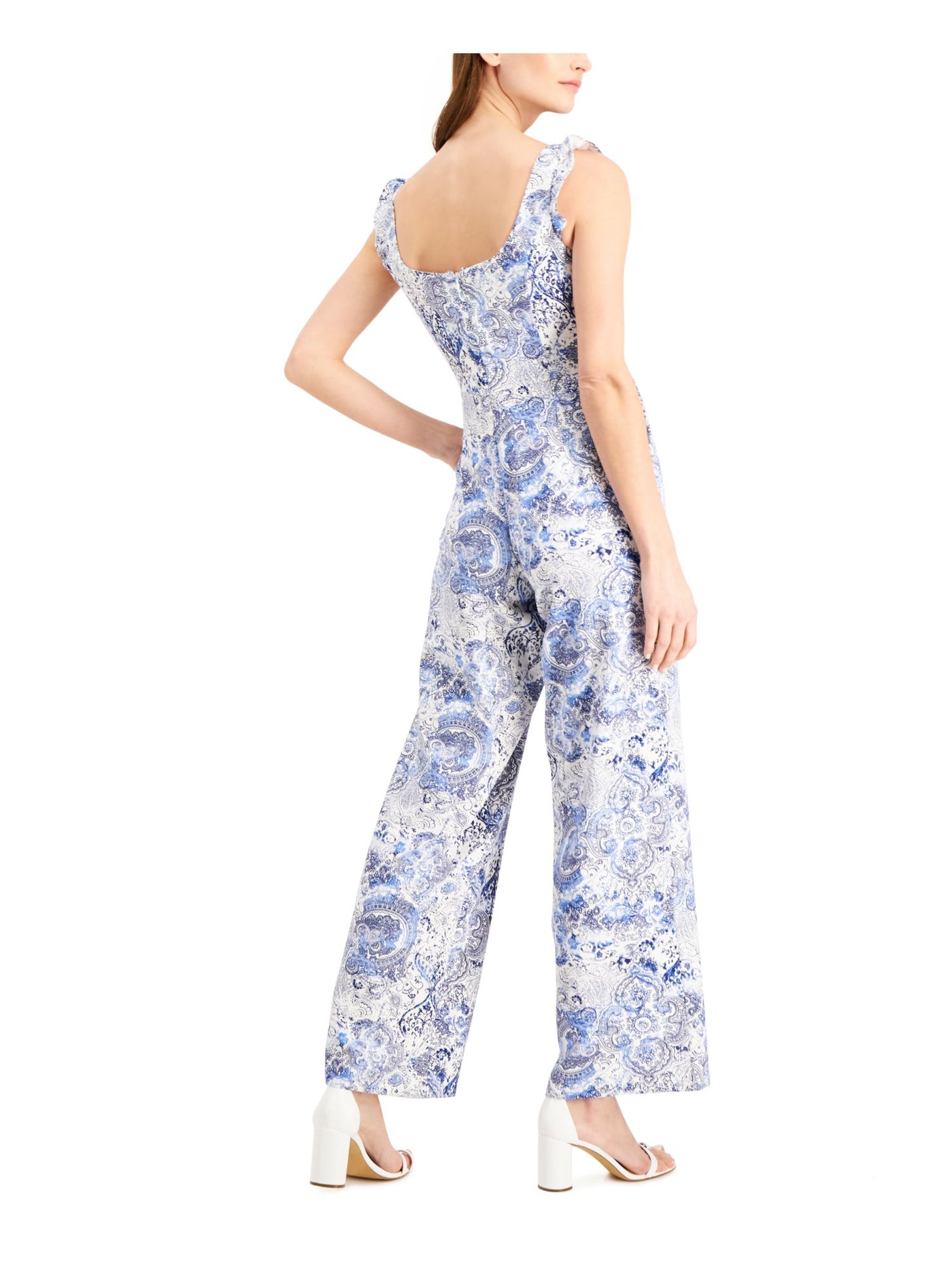 INC Womens White Ruffled Zippered Printed Sleeveless Scoop Neck Wear To Work Jumpsuit 16