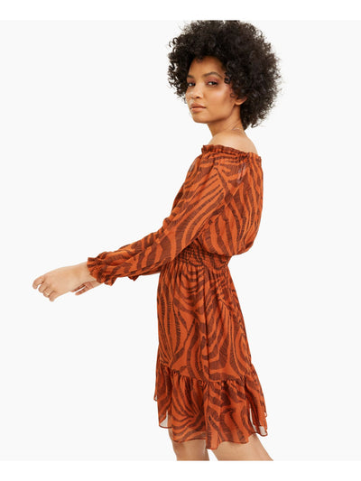 BAR III DRESSES Womens Orange Smocked Ruffled Chiffon Flounce-hem Printed Blouson Sleeve Off Shoulder Short Cocktail Fit + Flare Dress XS