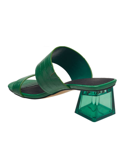 FRENCH CONNECTION Womens Green Solid Croc Clear Heel Goring Cushioned Round Toe Block Heel Slip On Dress Heeled Sandal 9.5