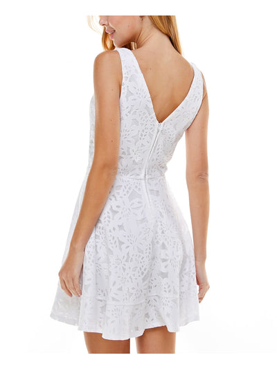 CRYSTAL DOLLS Womens White Lace Zippered Lined Floral Sleeveless Square Neck Mini Party Fit + Flare Dress S