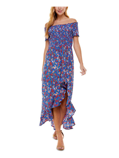 CRYSTAL DOLLS Womens Stretch Smocked Ruffled Short Sleeve Off Shoulder Maxi Hi-Lo Dress