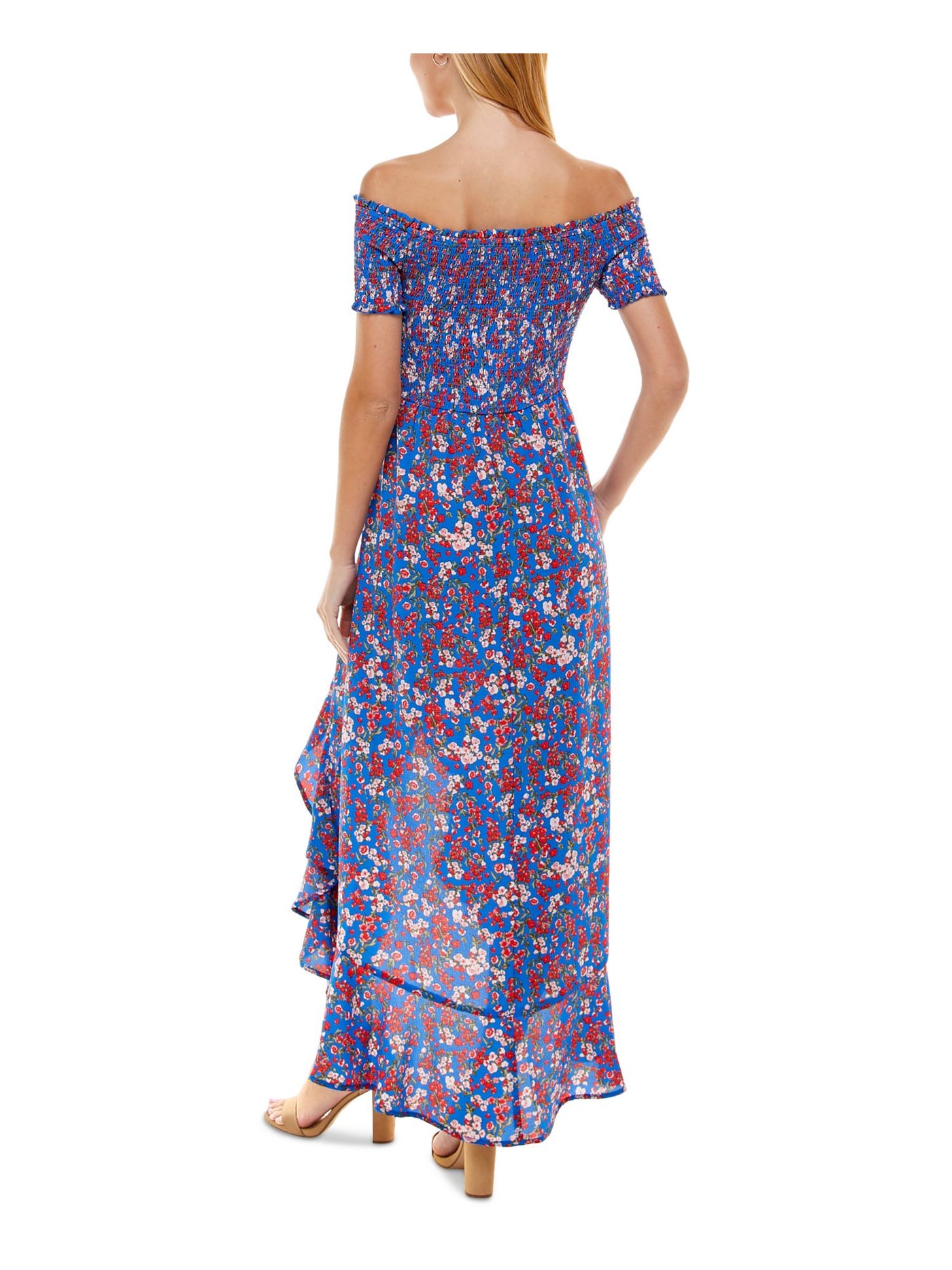 CRYSTAL DOLLS Womens Stretch Smocked Ruffled Short Sleeve Off Shoulder Maxi Hi-Lo Dress