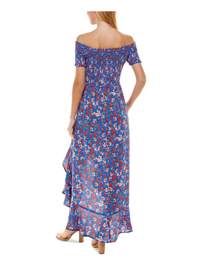 CRYSTAL DOLLS Womens Stretch Smocked Ruffled Short Sleeve Off Shoulder Maxi Hi-Lo Dress