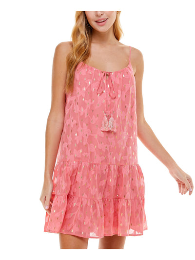 CRYSTAL DOLLS Womens Coral Stretch Ruffled Lurex Burnout Spaghetti Strap Scoop Neck Short Evening Shift Dress S