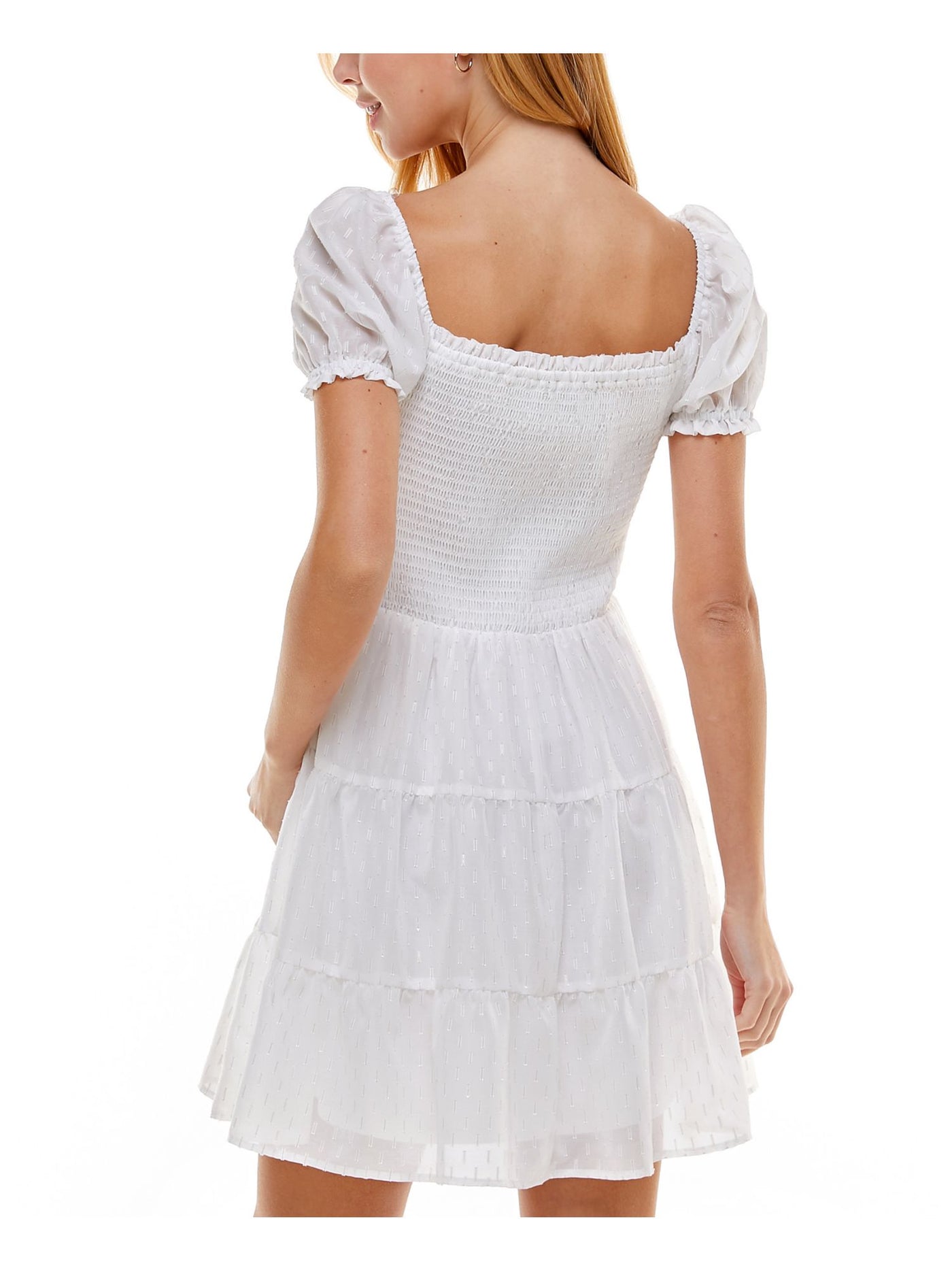 CRYSTAL DOLLS Womens White Smocked Tiered Skirt Lined Short Sleeve Square Neck Short Fit + Flare Dress M