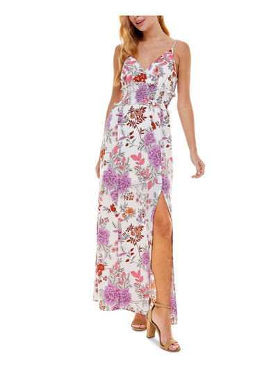CRYSTAL DOLLS Womens Ivory Stretch Smocked Slitted Floral Spaghetti Strap V Neck Maxi Party Empire Waist Dress Juniors S