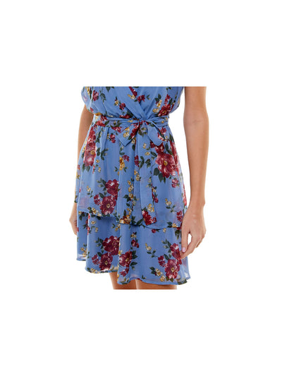 CRYSTAL DOLLS Womens Blue Tie Ruffled Floral Spaghetti Strap Surplice Neckline Short Party Fit + Flare Dress L