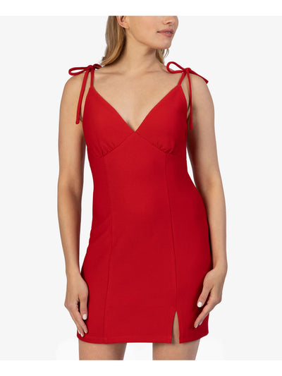 SPEECHLESS Womens Red Stretch Zippered Textured Tie Fitted Spaghetti Strap Surplice Neckline Mini Party Body Con Dress XS