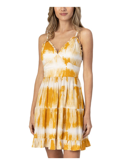 SPEECHLESS Womens Gold Zippered Ruffled Tie Dye Spaghetti Strap V Neck Short Dress XL