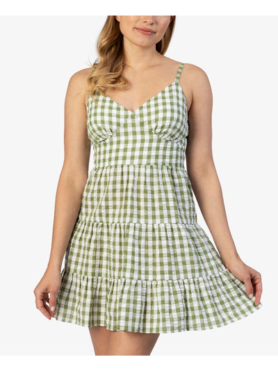 SPEECHLESS Womens Green Smocked Seersucker Tiered Adjustable Gingham Spaghetti Strap V Neck Short Fit + Flare Dress Petites L