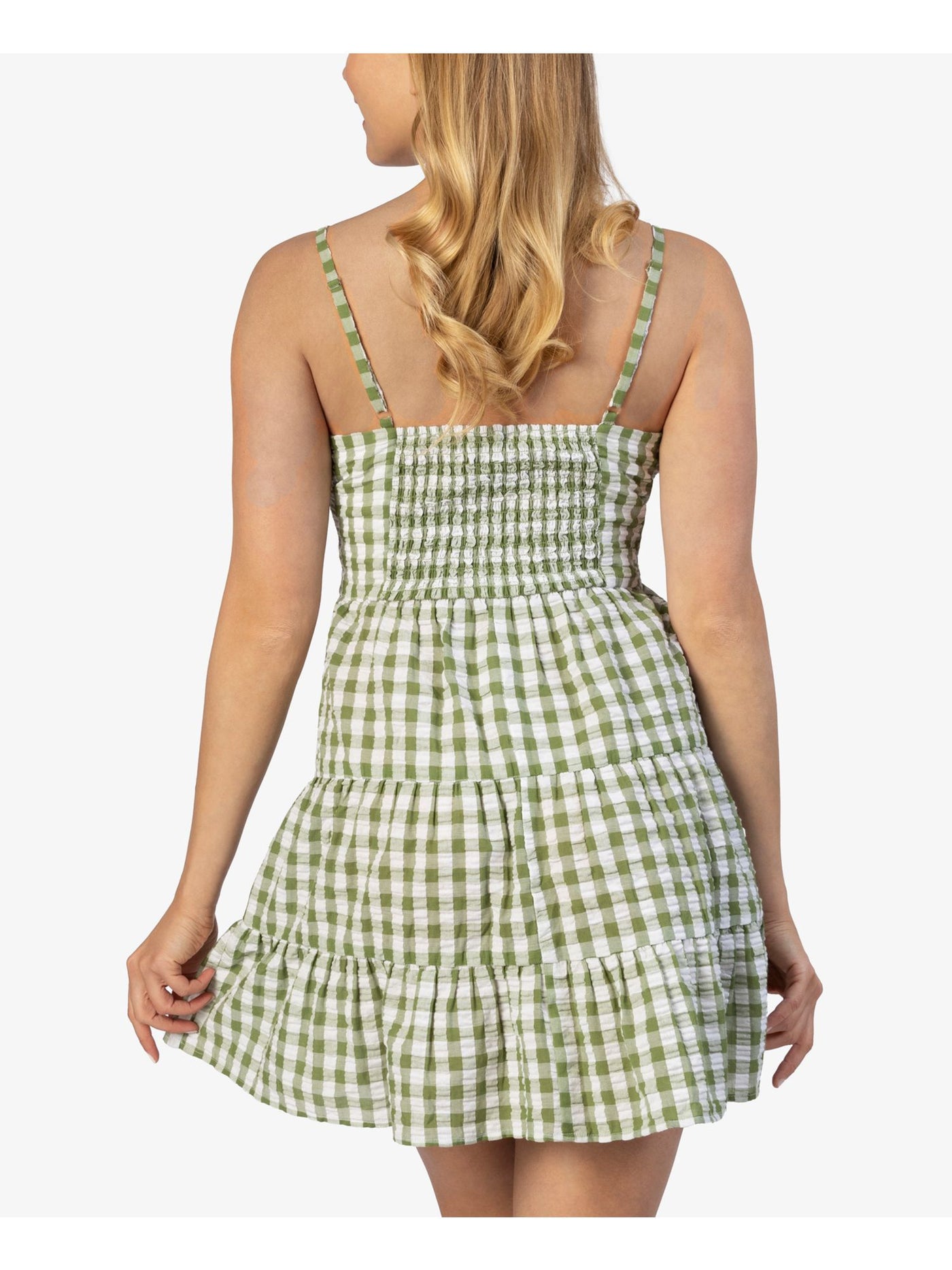 SPEECHLESS Womens Green Smocked Seersucker Tiered Adjustable Gingham Spaghetti Strap V Neck Short Fit + Flare Dress Petites L