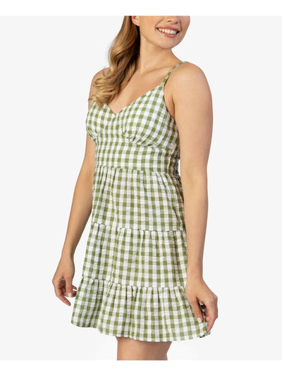 SPEECHLESS Womens Green Smocked Seersucker Tiered Adjustable Gingham Spaghetti Strap V Neck Short Fit + Flare Dress Petites L