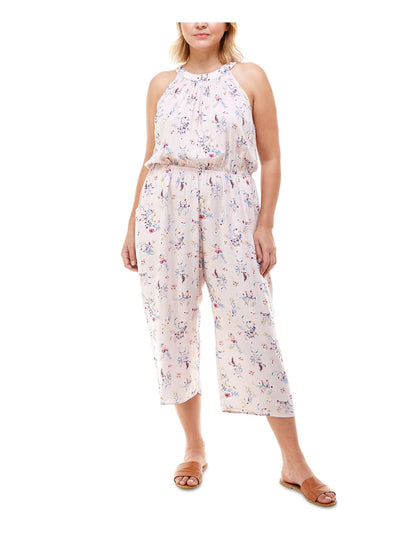 MONTEAU Womens Sleeveless Open Back Button Closure Halter Wide Leg Jumpsuit