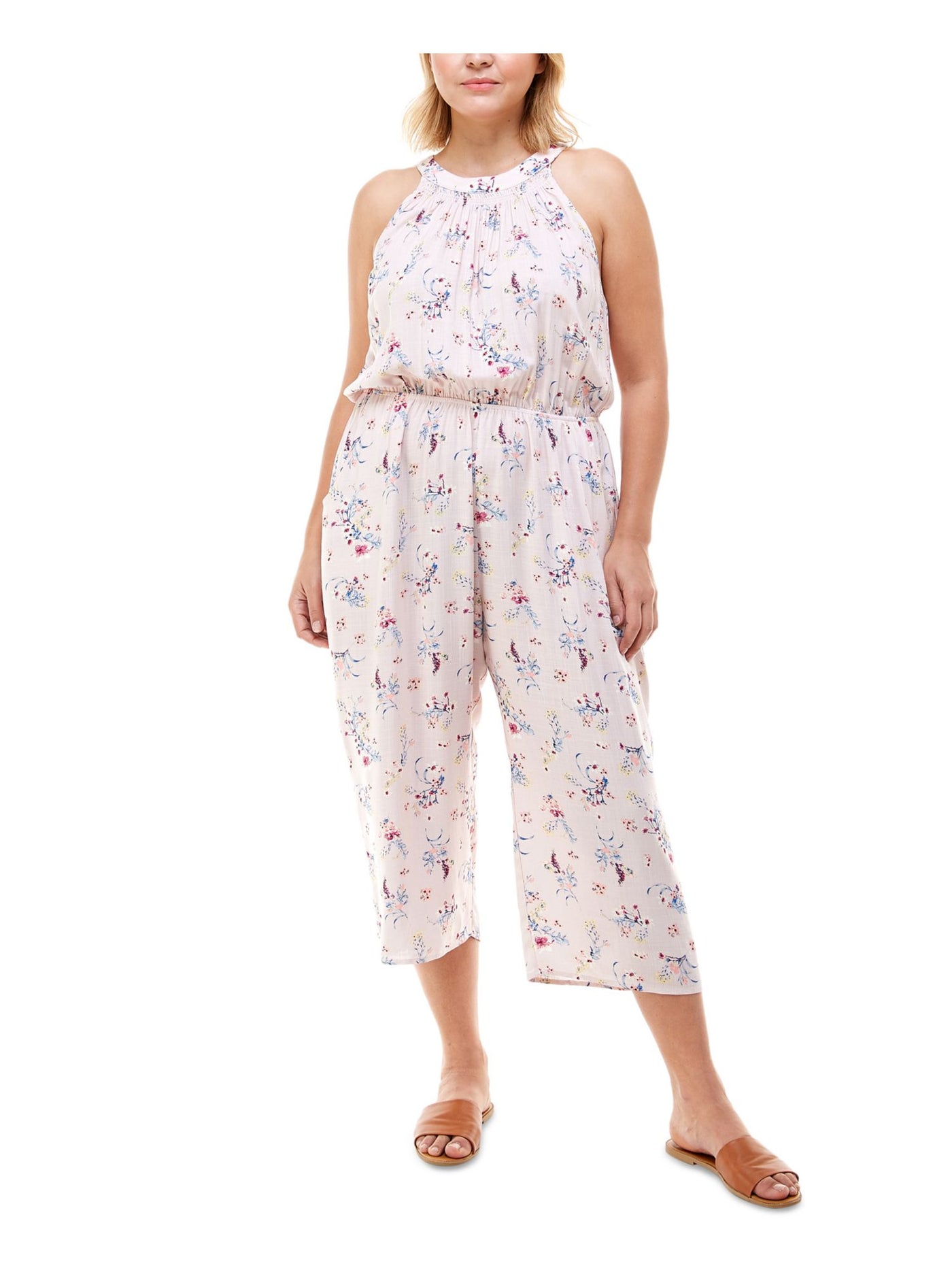 MONTEAU Womens Pink Floral Sleeveless Halter Wide Leg Jumpsuit Plus 2X