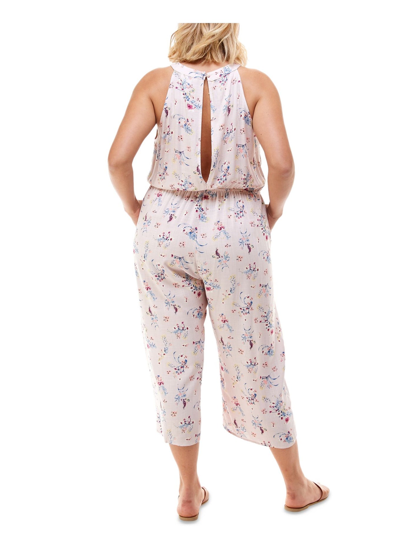 MONTEAU Womens Sleeveless Open Back Button Closure Halter Wide Leg Jumpsuit