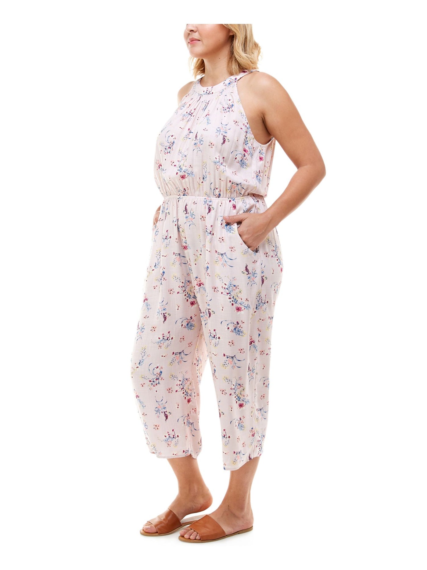 MONTEAU Womens Pink Floral Sleeveless Halter Wide Leg Jumpsuit Plus 2X