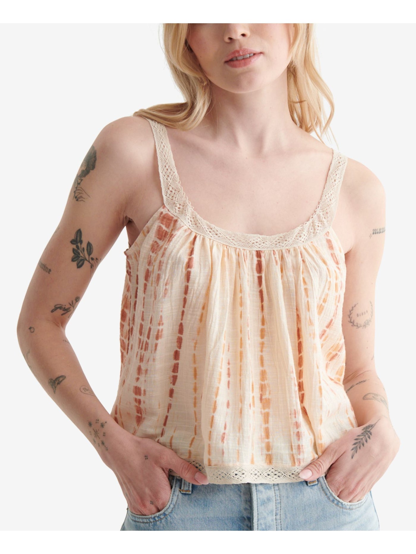 LUCKY BRAND Womens Beige Lace Cropped Swing Printed Sleeveless Scoop Neck Cami Top L