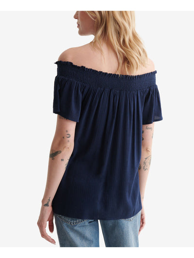 LUCKY BRAND Womens Ruffled Short Sleeve Sheer Smocked Off Shoulder Top