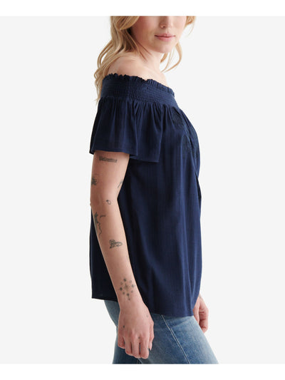LUCKY BRAND Womens Ruffled Short Sleeve Sheer Smocked Off Shoulder Top
