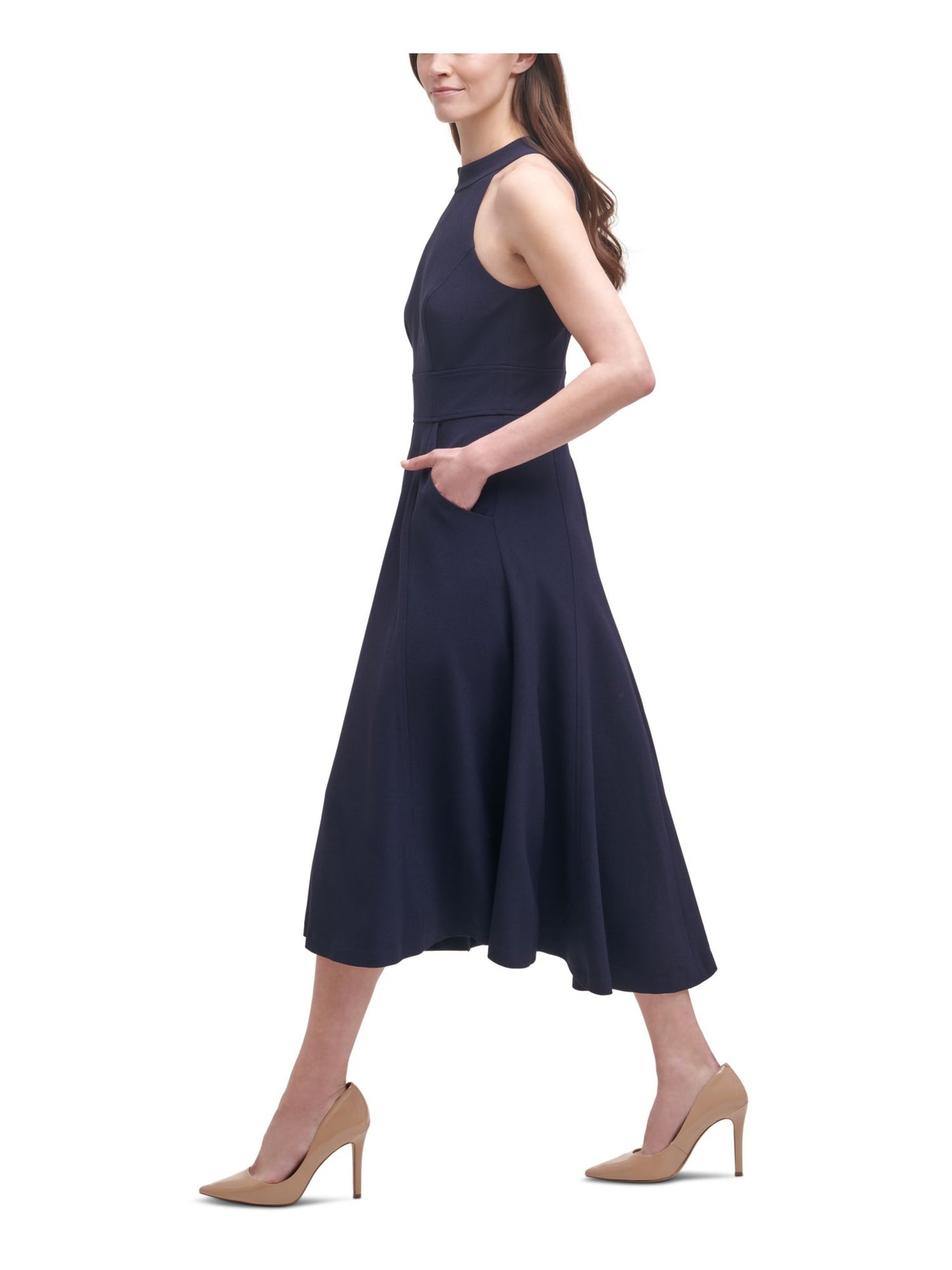 HARPER ROSE Womens Navy Pocketed Halter Midi Evening Fit + Flare Dress 2