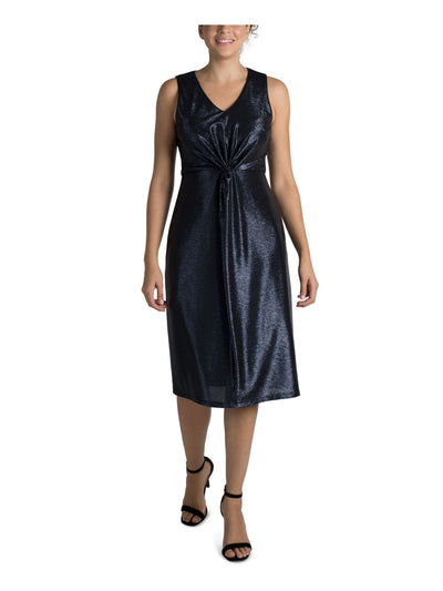 DONNA RICCO NEW YORK Womens Navy Stretch Metallic Sleeveless V Neck Below The Knee Party Sheath Dress 4