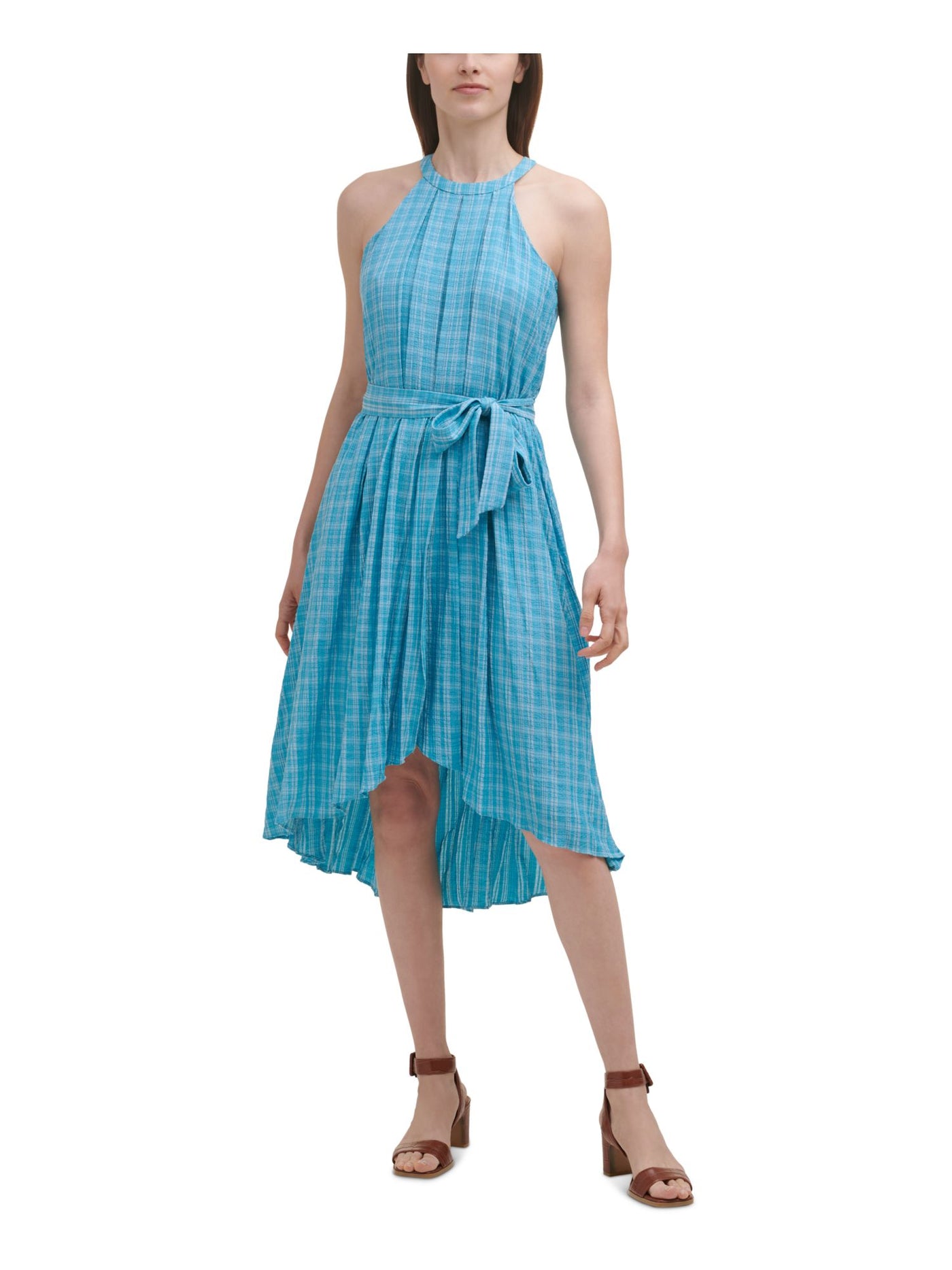 CALVIN KLEIN Womens Blue Zippered Belted Pleated Hi-lo Hem Back Cut Out Plaid Sleeveless Halter Midi Fit + Flare Dress 12