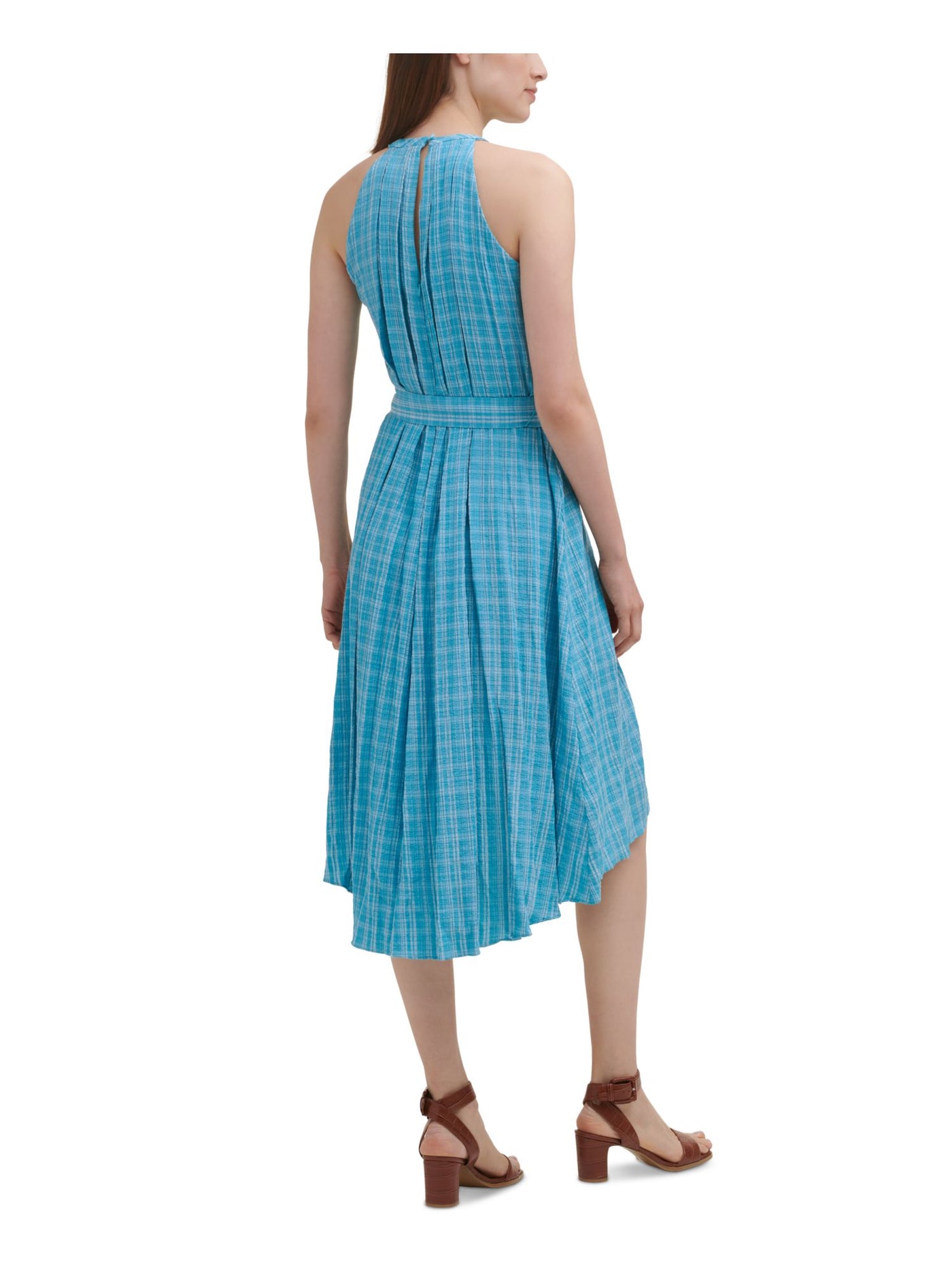 CALVIN KLEIN Womens Blue Zippered Belted Pleated Hi-lo Hem Back Cut Out Plaid Sleeveless Halter Midi Fit + Flare Dress 12