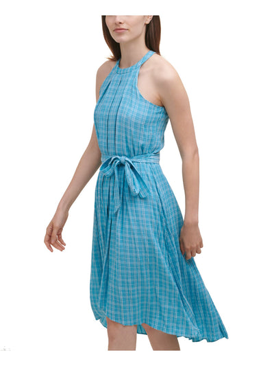 CALVIN KLEIN Womens Blue Zippered Belted Pleated Hi-lo Hem Back Cut Out Plaid Sleeveless Halter Midi Fit + Flare Dress 12