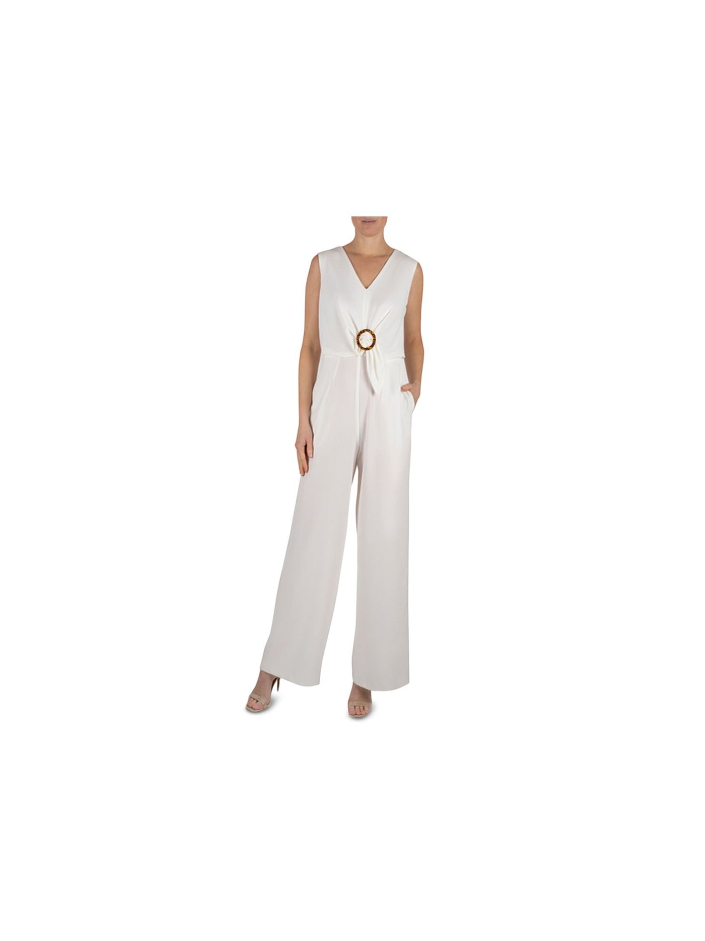 JULIA JORDAN Womens Ivory Zippered Twist Front O-ring Detail Sleeveless V Neck Party Wide Leg Jumpsuit 8