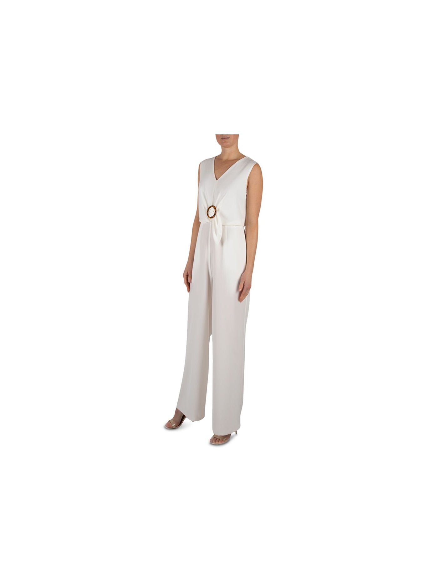 JULIA JORDAN Womens Ivory Zippered Twist Front O-ring Detail Sleeveless V Neck Party Wide Leg Jumpsuit 8