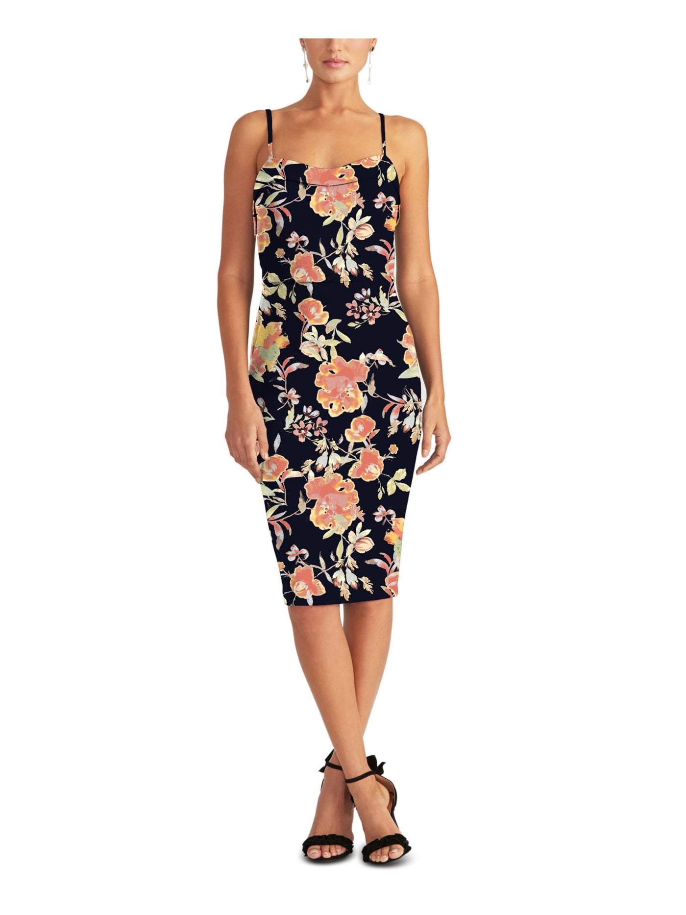 RACHEL RACHEL ROY Womens Navy Stretch Zippered Adjustable Straps Floral Spaghetti Strap Sweetheart Neckline Below The Knee Cocktail Body Con Dress XS