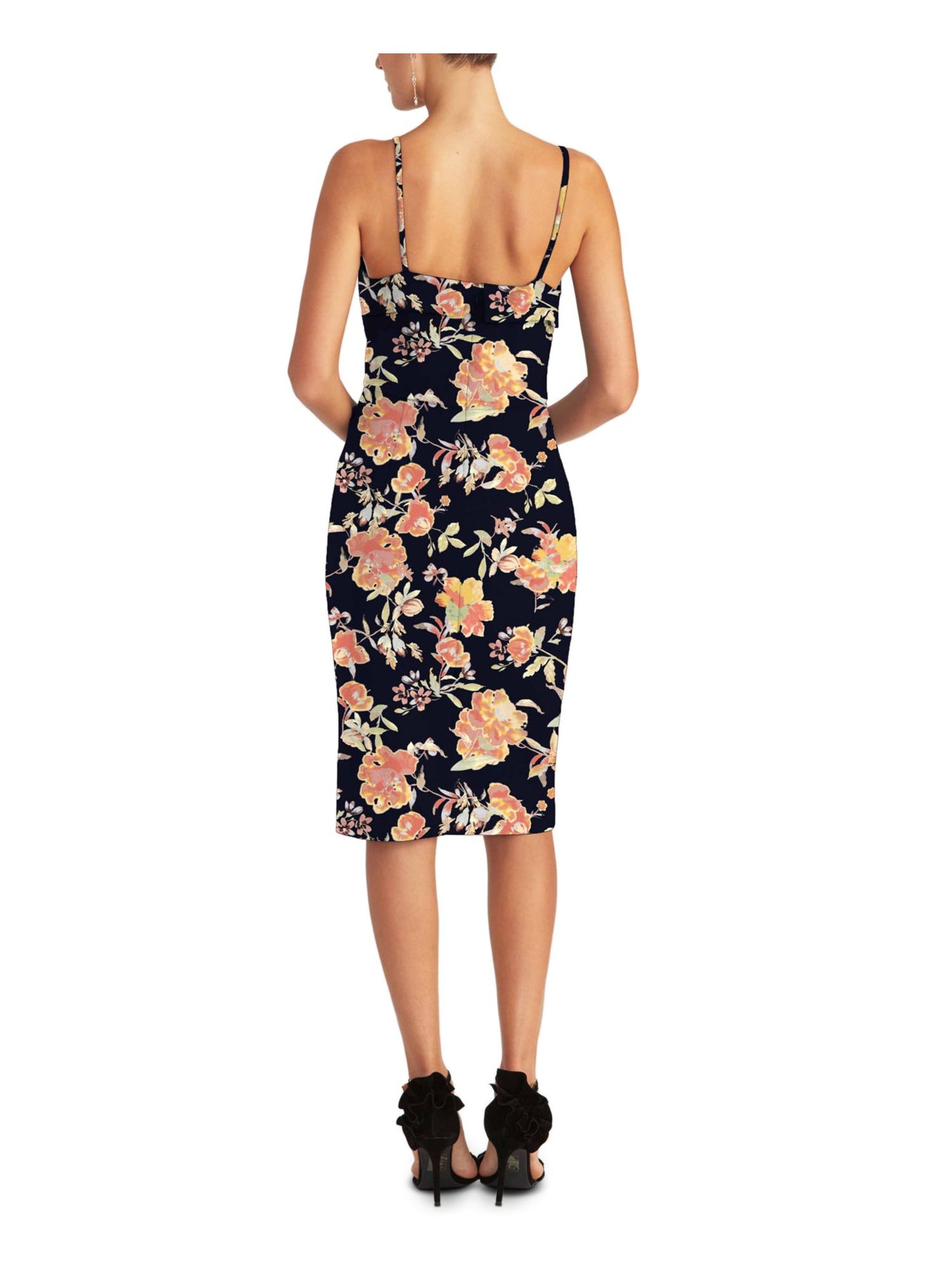 RACHEL RACHEL ROY Womens Navy Stretch Zippered Adjustable Straps Floral Spaghetti Strap Sweetheart Neckline Below The Knee Cocktail Body Con Dress XS