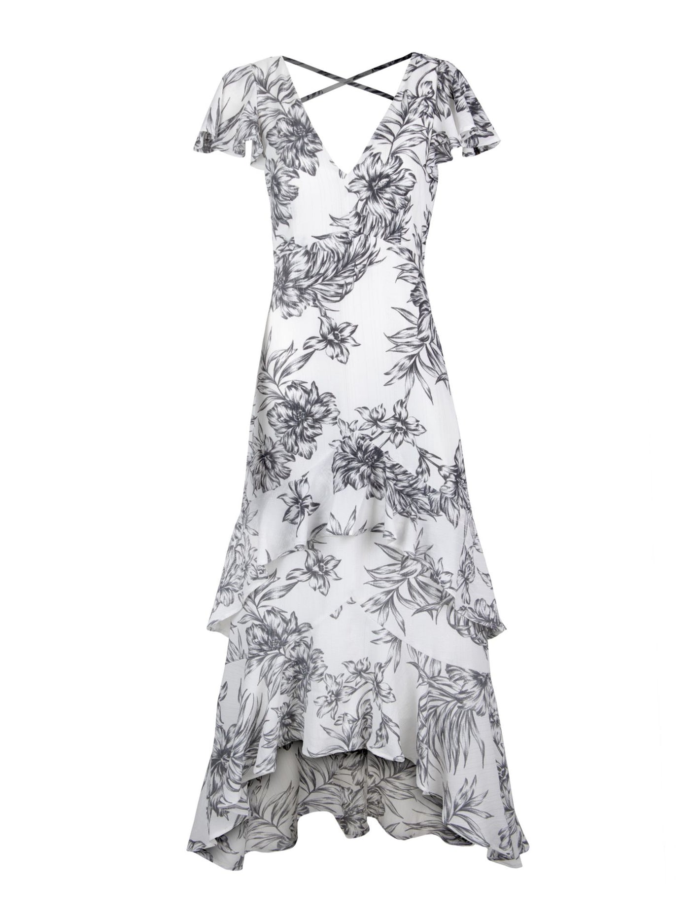 CHRISTIAN SIRIANO Womens Ivory Stretch Zippered Metallic Tiered Strappy Ruffled Floral Flutter Sleeve V Neck Maxi Cocktail Hi-Lo Dress 4
