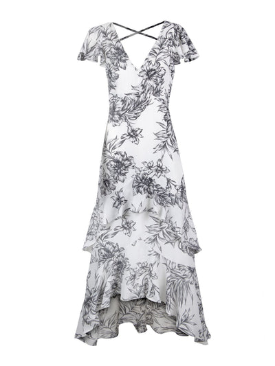 CHRISTIAN SIRIANO Womens Ivory Stretch Zippered Metallic Tiered Strappy Ruffled Floral Flutter Sleeve V Neck Maxi Cocktail Hi-Lo Dress 4