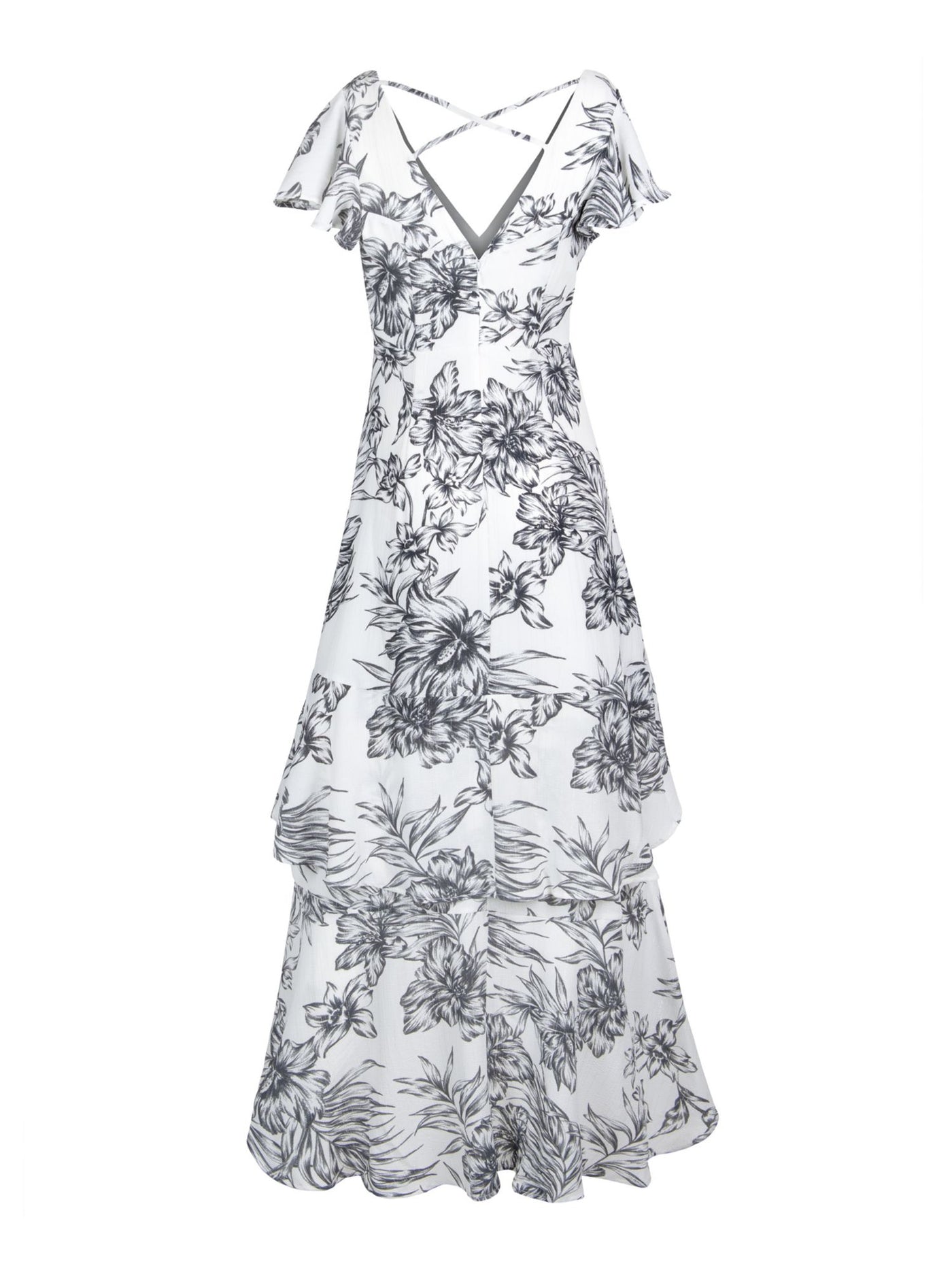 CHRISTIAN SIRIANO Womens Ivory Stretch Zippered Metallic Tiered Strappy Ruffled Floral Flutter Sleeve V Neck Maxi Cocktail Hi-Lo Dress 4
