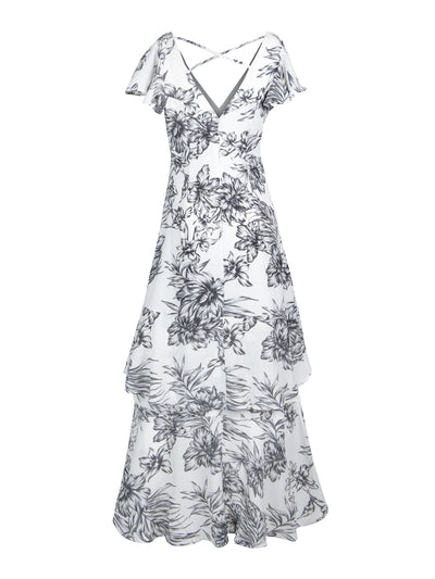 CHRISTIAN SIRIANO Womens Ivory Stretch Zippered Metallic Tiered Strappy Ruffled Floral Flutter Sleeve V Neck Maxi Cocktail Hi-Lo Dress 4