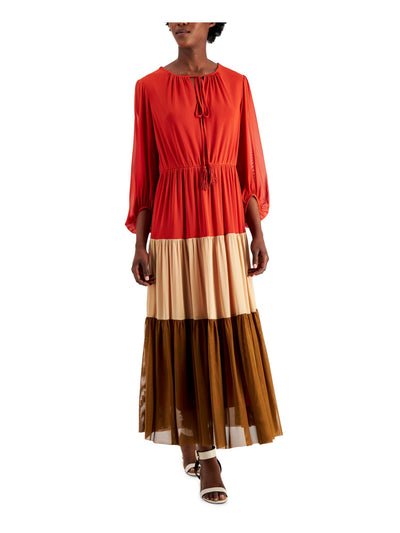 TAYLOR Womens Beige Stretch Color Block Balloon Sleeve Tie Neck Maxi Wear To Work Dress 4