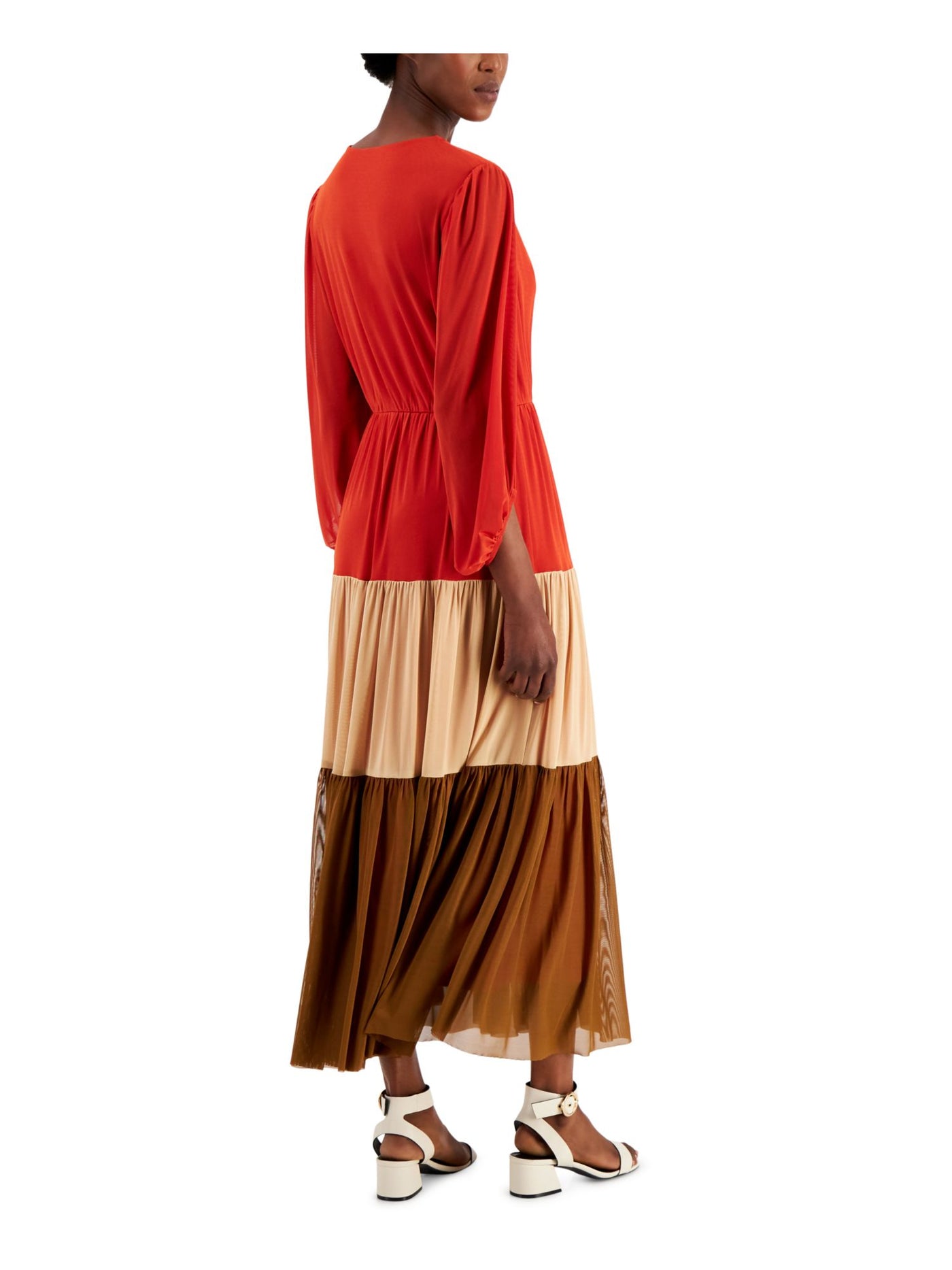 TAYLOR Womens Beige Stretch Color Block Balloon Sleeve Tie Neck Maxi Wear To Work Dress 4