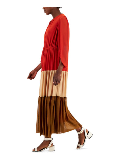TAYLOR Womens Beige Stretch Color Block Balloon Sleeve Tie Neck Maxi Wear To Work Dress 4