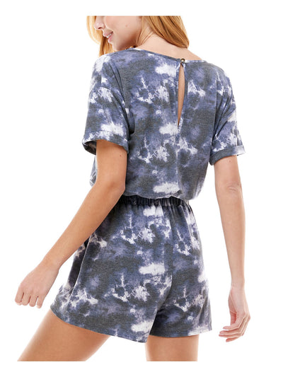 KINGSTON GREY Womens Gray Stretch Tie Pocketed Tie Dye Elbow Sleeve Round Neck Romper S