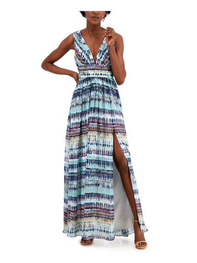AIDAN MATTOX Womens Blue Pleated Zippered Slitted Sheer Lined Printed Sleeveless V Neck Maxi Evening Fit + Flare Dress 6