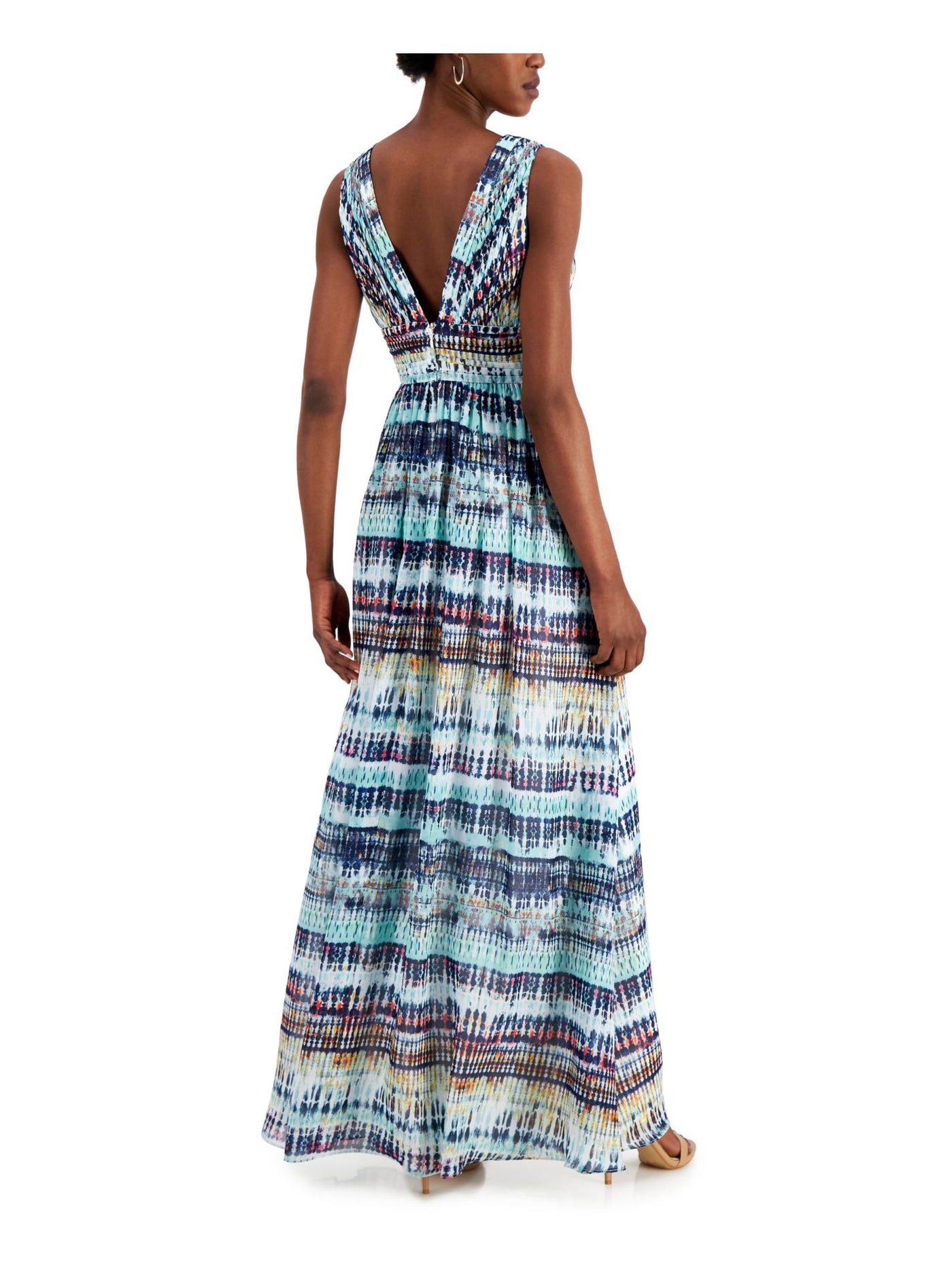 AIDAN MATTOX Womens Blue Pleated Zippered Slitted Sheer Lined Printed Sleeveless V Neck Maxi Evening Fit + Flare Dress 6