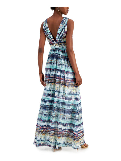 AIDAN MATTOX Womens Blue Pleated Zippered Slitted Sheer Lined Printed Sleeveless V Neck Maxi Evening Fit + Flare Dress 6