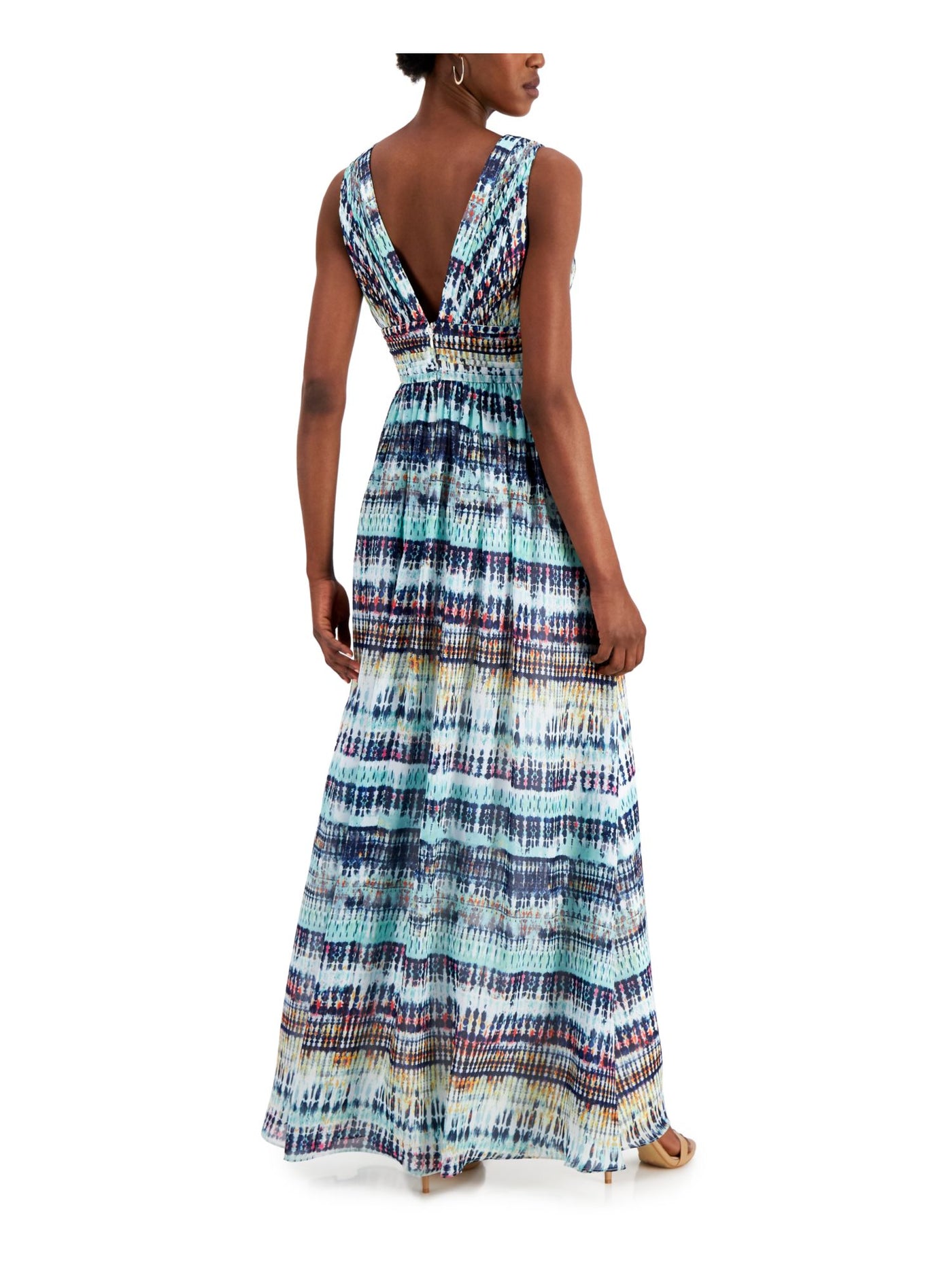 AIDAN AIDAN MATTOX Womens Blue Pleated Zippered Slitted Sheer Lined Printed Sleeveless V Neck Maxi Evening Fit + Flare Dress 6