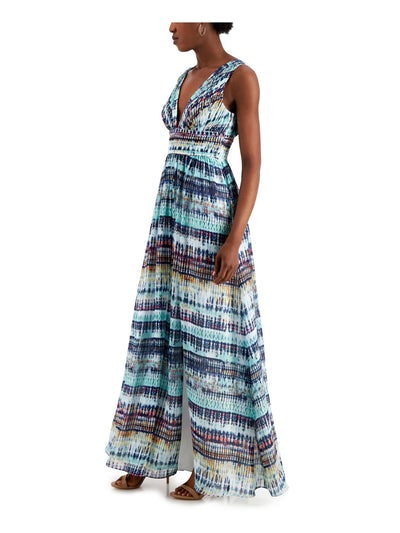 AIDAN MATTOX Womens Blue Pleated Zippered Slitted Sheer Lined Printed Sleeveless V Neck Maxi Evening Fit + Flare Dress 6