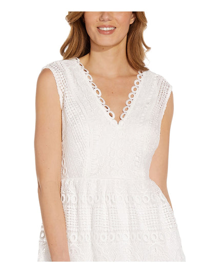 ADRIANNA PAPELL Womens White Stretch Lace Zippered Eyelet Textured Floral Sleeveless V Neck Above The Knee Sheath Dress 4